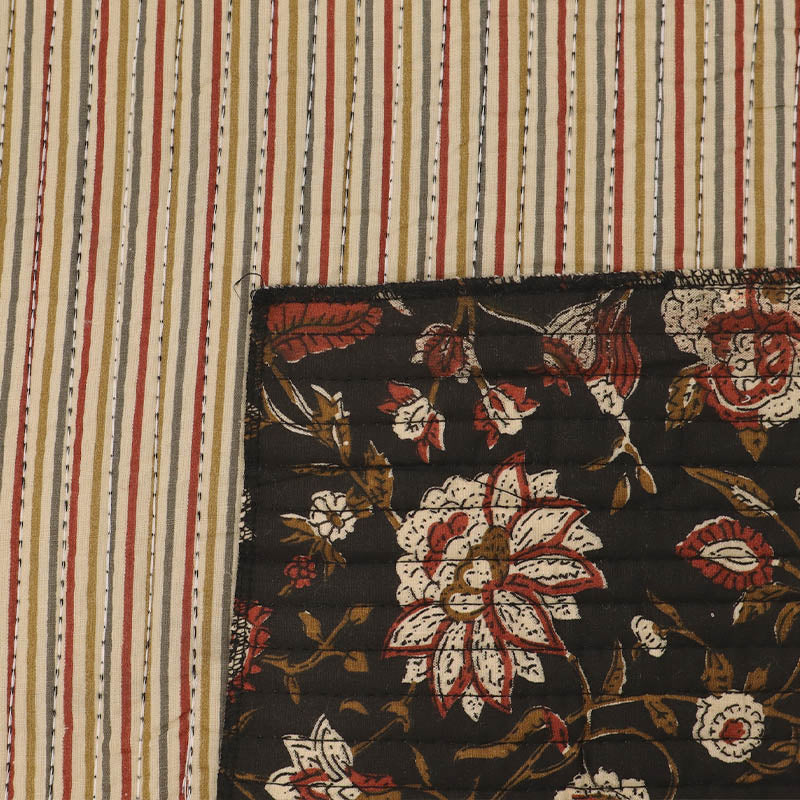 100% Cotton, including 100% Cotton Wadding Quilted Indian Cotton Fabric - Red, Cream and Black Floral with narrow stripe on the reverse