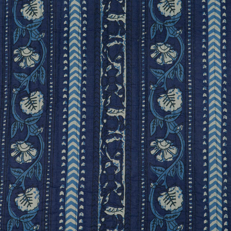 100% Cotton, including Wadding Quilted Indian Cotton Fabric - Indigo Blue Floral and Geometric Border Design with fine stripe on the reverse