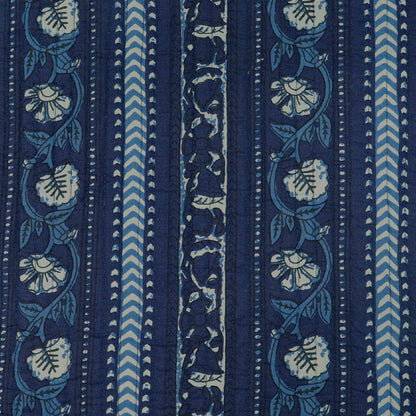 100% Cotton, including Wadding Quilted Indian Cotton Fabric - Indigo Blue Floral and Geometric Border Design with fine stripe on the reverse