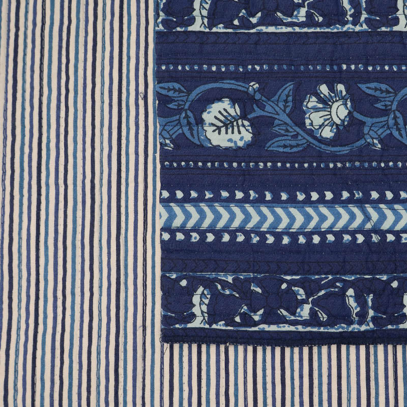 100% Cotton, including Wadding Quilted Indian Cotton Fabric - Indigo Blue Floral and Geometric Border Design with fine stripe on the reverse