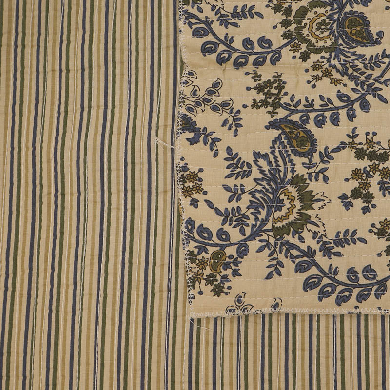 Quilted 100% Indian cotton fabric with a floral design in dark blue and olive green on a cream background on one side and a fine blue and green stripe on the reverse.