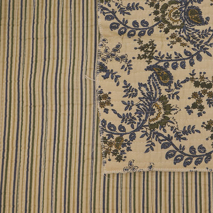Quilted 100% Indian cotton fabric with a floral design in dark blue and olive green on a cream background on one side and a fine blue and green stripe on the reverse.