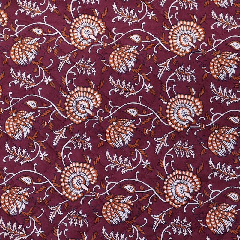 100% Cotton fabrics with Polyester Wadding QUILTED Cotton Fabric - Burgundy and Orange Floral