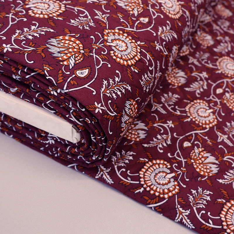 100% Cotton fabrics with Polyester Wadding QUILTED Cotton Fabric - Burgundy and Orange Floral