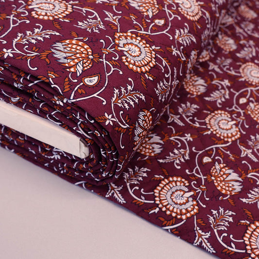 100% Cotton fabrics with Polyester Wadding QUILTED Cotton Fabric - Burgundy and Orange Floral