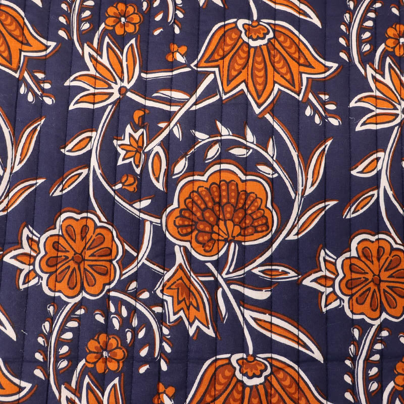 100% Cotton with Polyester Wadding QUILTED Cotton Fabric - Navy and Orange Floral 