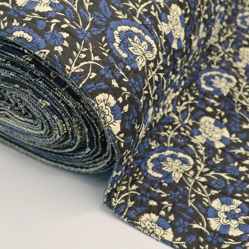 QUILTED Indian Printed Cotton - Floral/Stripe - Black, Navy and Cream