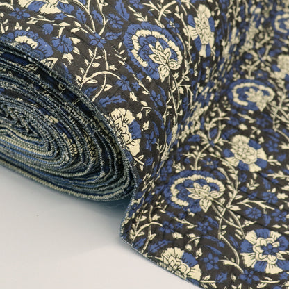 QUILTED Indian Printed Cotton - Floral/Stripe - Black, Navy and Cream