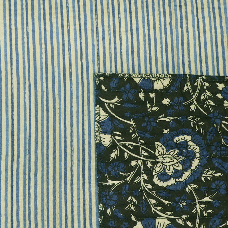QUILTED Indian Printed Cotton - Floral/Stripe - Black, Navy and Cream