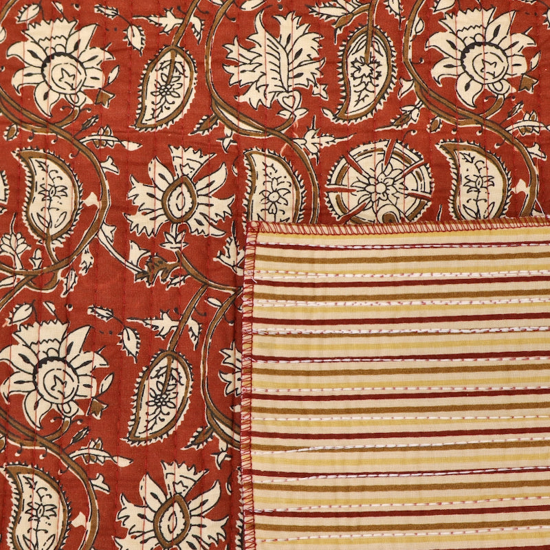 QUILTED Indian Printed Cotton - Floral/Stripe - Brick