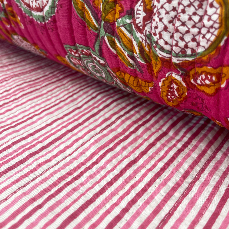 QUILTED Indian Printed Cotton - Floral/Stripe - Cerise