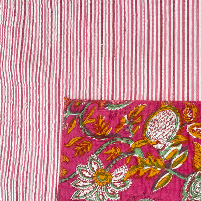 QUILTED Indian Printed Cotton - Floral/Stripe - Cerise