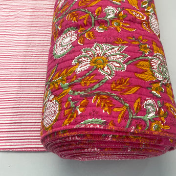 QUILTED Indian Printed Cotton - Floral/Stripe - Cerise