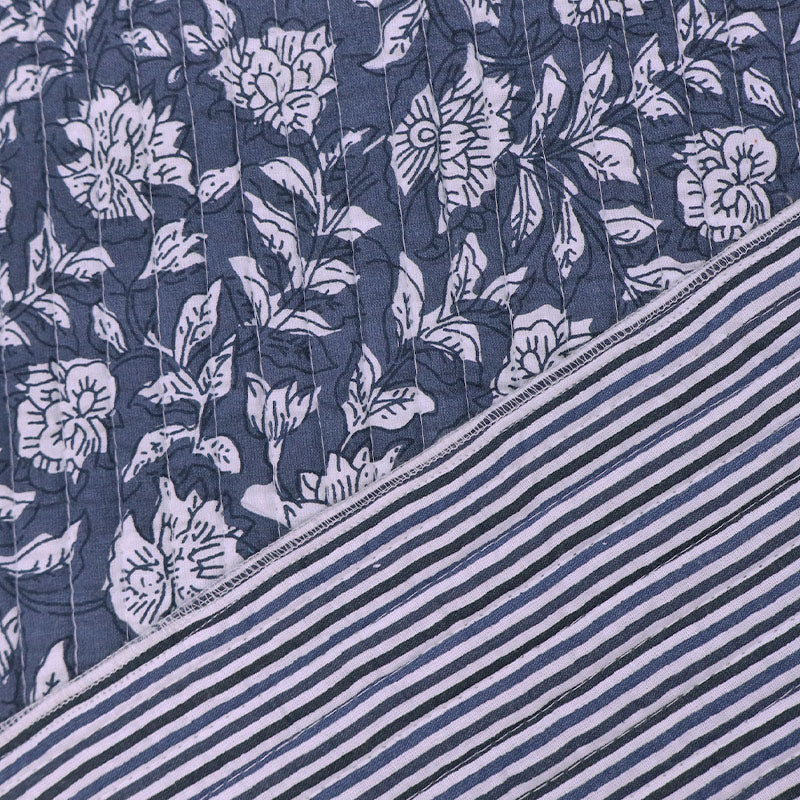 100% Cotton, including 100% Cotton Wadding Quilted Cotton Fabric - Blue/ Grey Floral and Stripe