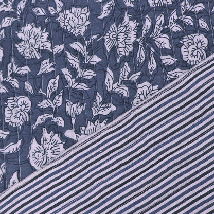 100% Cotton, including 100% Cotton Wadding Quilted Cotton Fabric - Blue/ Grey Floral and Stripe