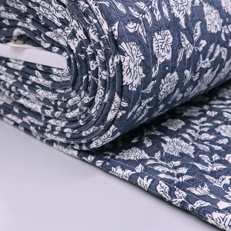 100% Cotton, including 100% Cotton Wadding Quilted Cotton Fabric - Blue/ Grey Floral and Stripe