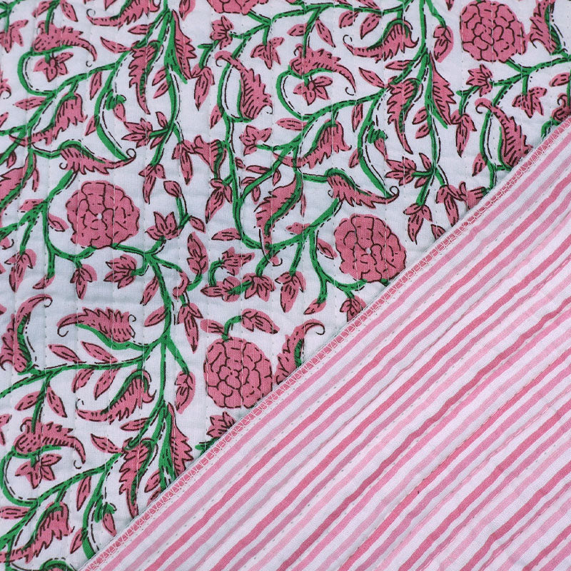 100% Cotton, including 100% Cotton Wadding Quilted Cotton Fabric - Pink Floral  and Stripe on reverse
