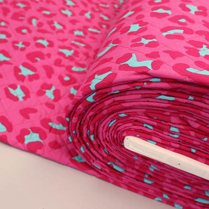100% Cotton fabrics with Polyester Wadding QUILTED Cotton Fabric - Pink and Turquoise Leopard Print