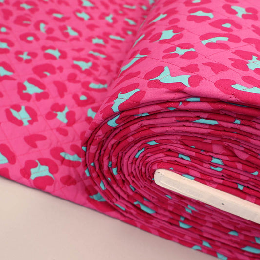 100% Cotton fabrics with Polyester Wadding QUILTED Cotton Fabric - Pink and Turquoise Leopard Print