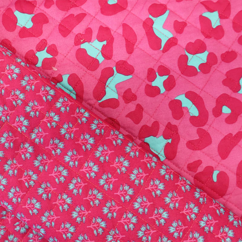100% Cotton fabrics with Polyester Wadding QUILTED Cotton Fabric - Pink and Turquoise Leopard Print with geometric floral print on reverse