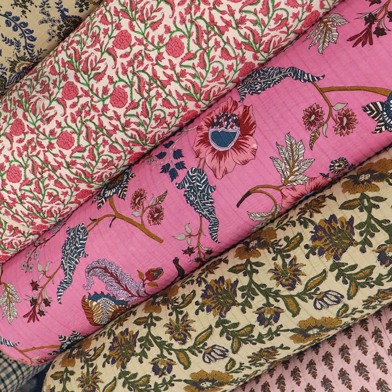 Quilted Indian cotton fabrics in various colours and floral designs