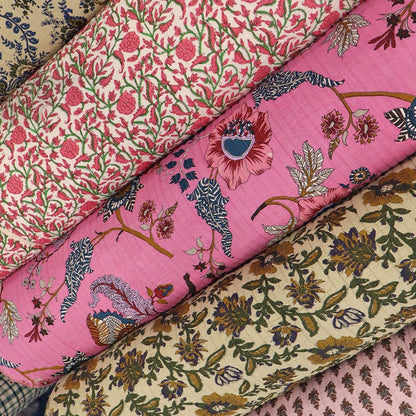 Quilted Indian cotton fabrics in various colours and floral designs