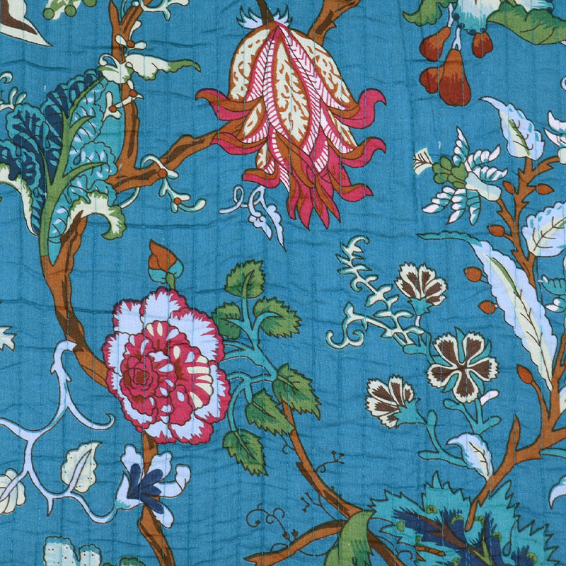 100% Cotton, including 100% Cotton Wadding Quilted Cotton Fabric - Blue Floral and Stripe on reverse