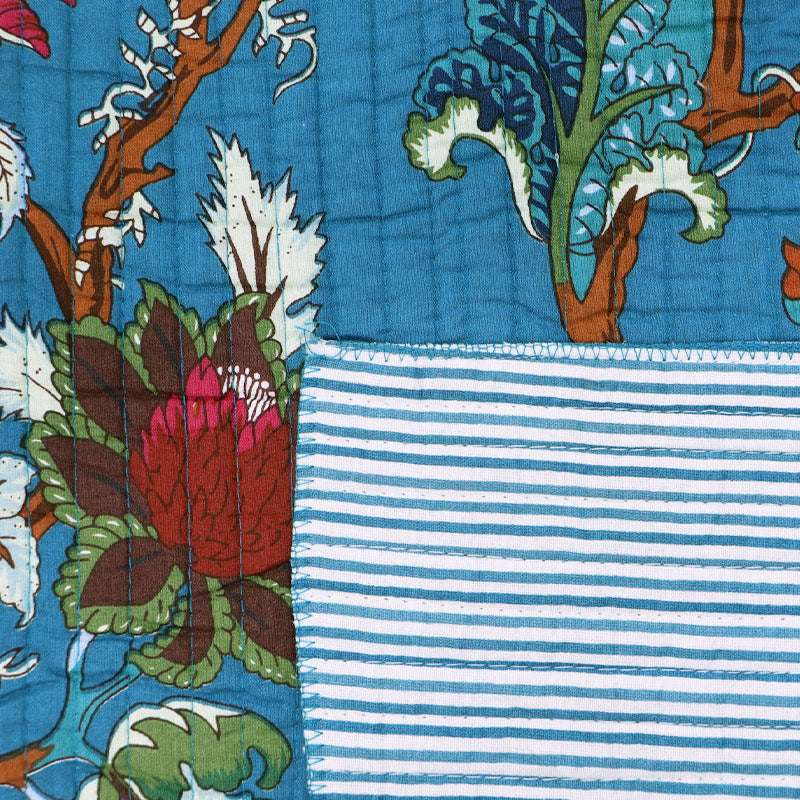 100% Cotton, including 100% Cotton Wadding Quilted Cotton Fabric - Blue Floral and Stripe on reverse