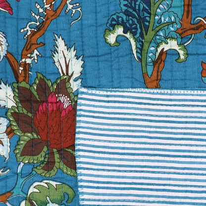 100% Cotton, including 100% Cotton Wadding Quilted Cotton Fabric - Blue Floral and Stripe on reverse
