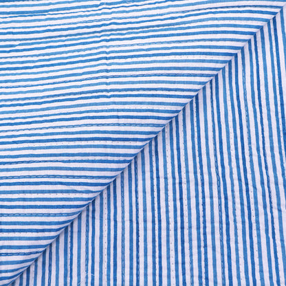 100% Cotton, including 100% Cotton Wadding Quilted Cotton Fabric - Blue Floral and Stripe on reverse
