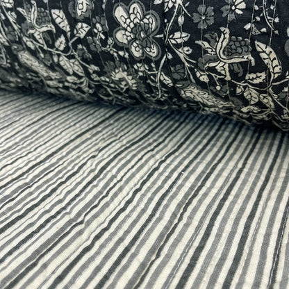 QUILTED Indian Printed Cotton - Floral/Stripe - Black