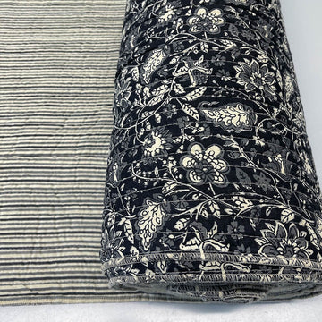 QUILTED Indian Printed Cotton - Floral/Stripe - Black