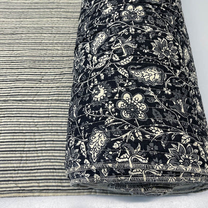 QUILTED Indian Printed Cotton - Floral/Stripe - Black