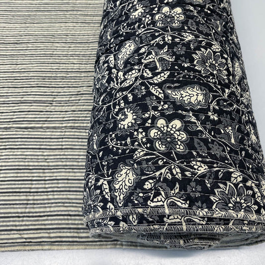 QUILTED Indian Printed Cotton - Floral/Stripe - Black