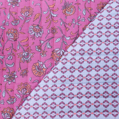 75% Cotton 25% Polyester Pink Floral Quilted Double Gauze Fabric with  geometric design on the reverse