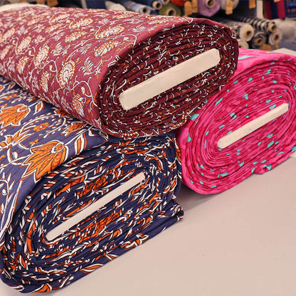 100% Cotton with Polyester Wadding QUILTED Cotton Fabrics in Navy and Orange Floral , Burgundy Floral and Pink leopard print