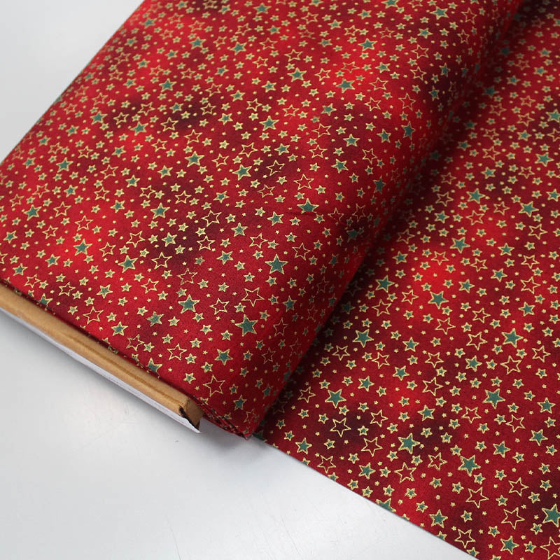100% Cotton   Red with Green and Gold Star Print Christmas Fabric 