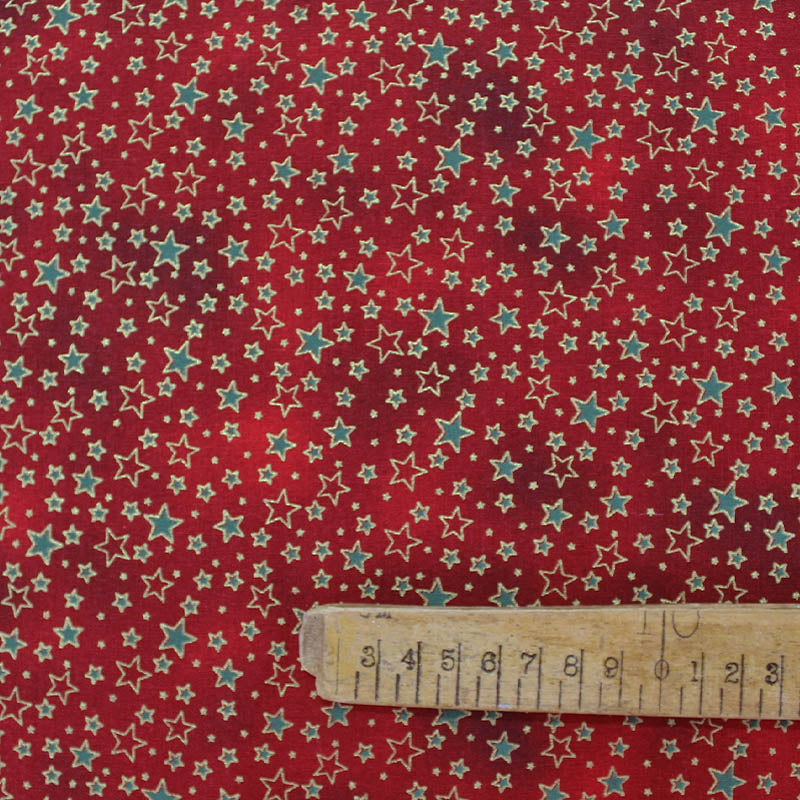 100% Cotton Red with Green and Gold Star Print Christmas Fabric