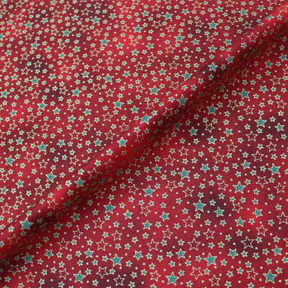 100% Cotton Red with Green and Gold Star Print Christmas Fabric