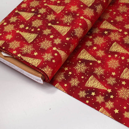 100% Cotton  Red Christmas Fabric - Golden Trees