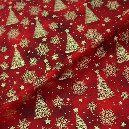 100% Cotton  Red Christmas Fabric - Golden Trees