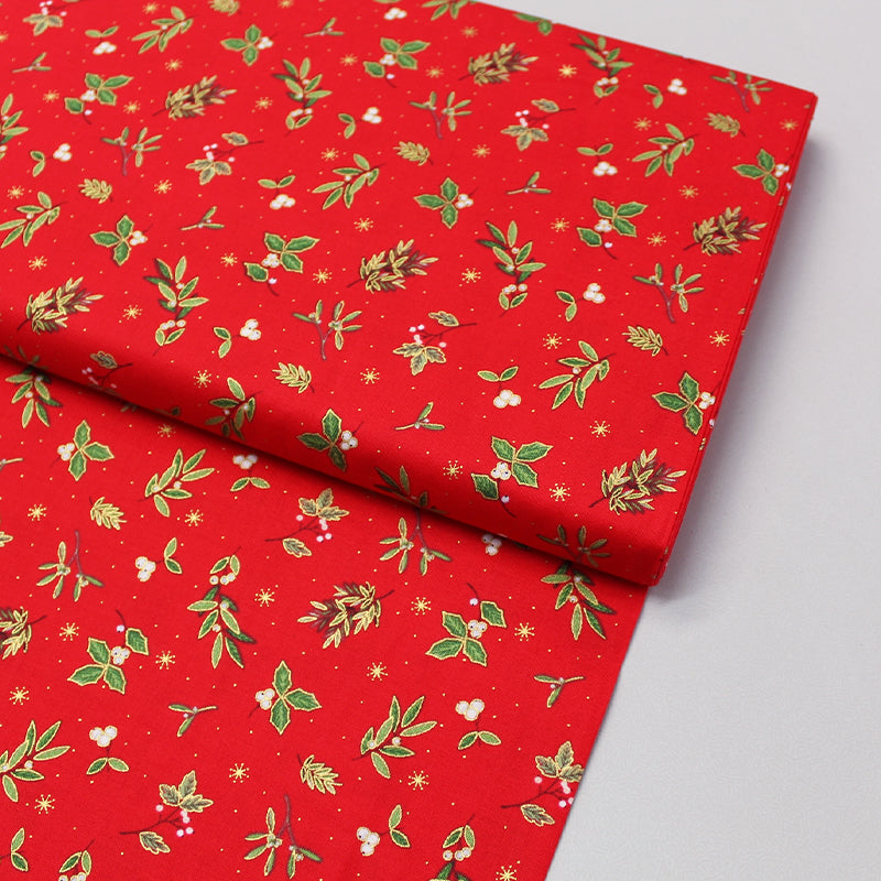Red Christmas Cotton Fabric  - mistletoe and holly