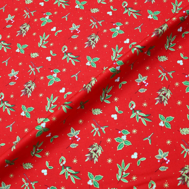 Red Christmas Cotton Fabric - mistletoe and holly