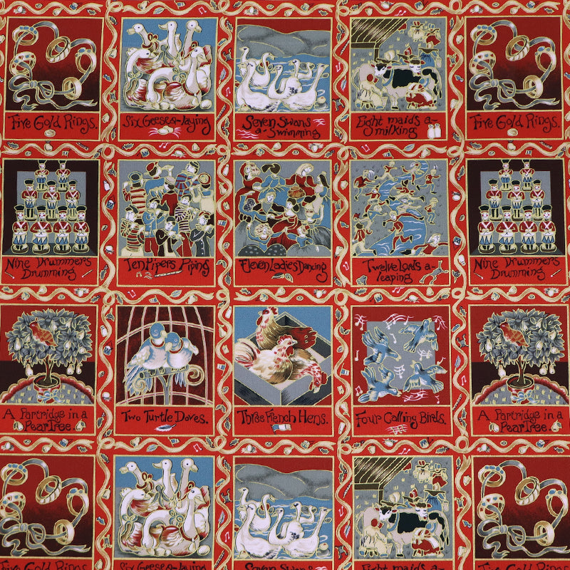 Christmas fabric panel in red featuring images from the 12 days of xmas