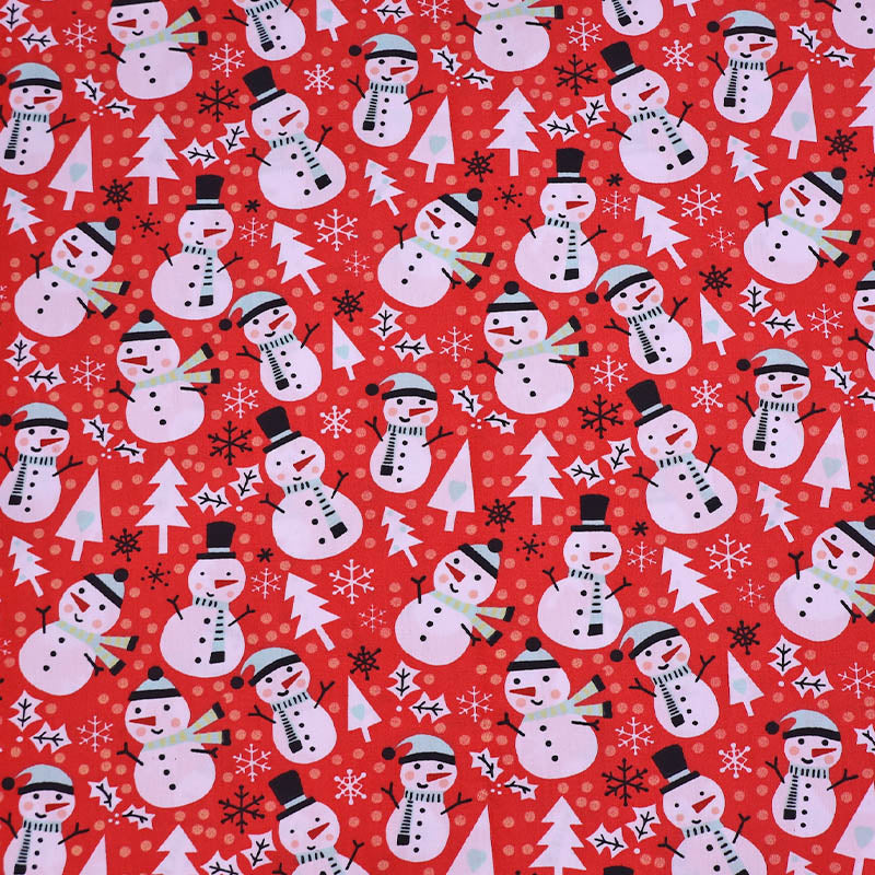 Red Christmas cotton fabric with white snowmen