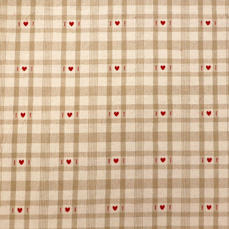 Rustic Woven Cotton - Taupe and Cream Gingham with Red Hearts
