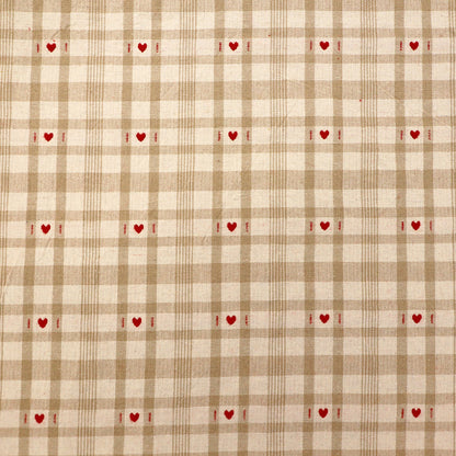 Rustic Woven Cotton - Taupe and Cream Gingham with Red Hearts