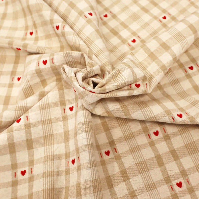Rustic Woven Cotton - Taupe and Cream Gingham with Red Hearts