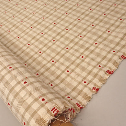 Rustic Woven Cotton - Taupe and Cream Gingham with Red Hearts