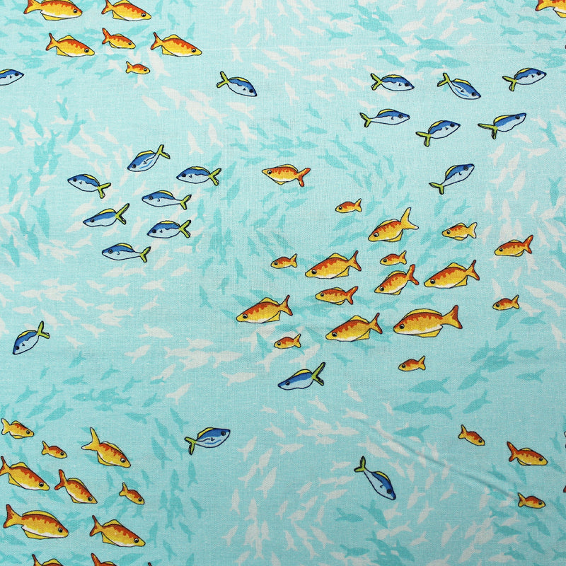 Shoal of Fish Print Cotton, Turquoise Blue